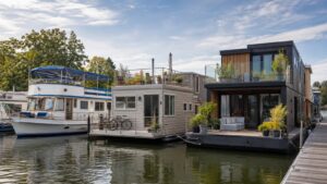 Different full-time liveaboard houseboats lined up at a marina with decks and practical gear