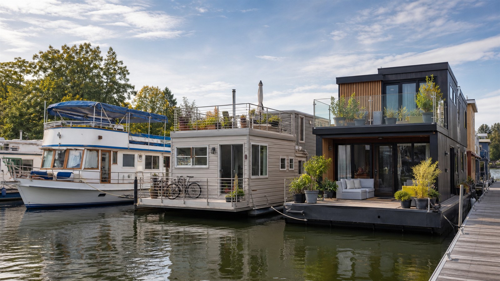 Different full-time liveaboard houseboats lined up at a marina with decks and practical gear