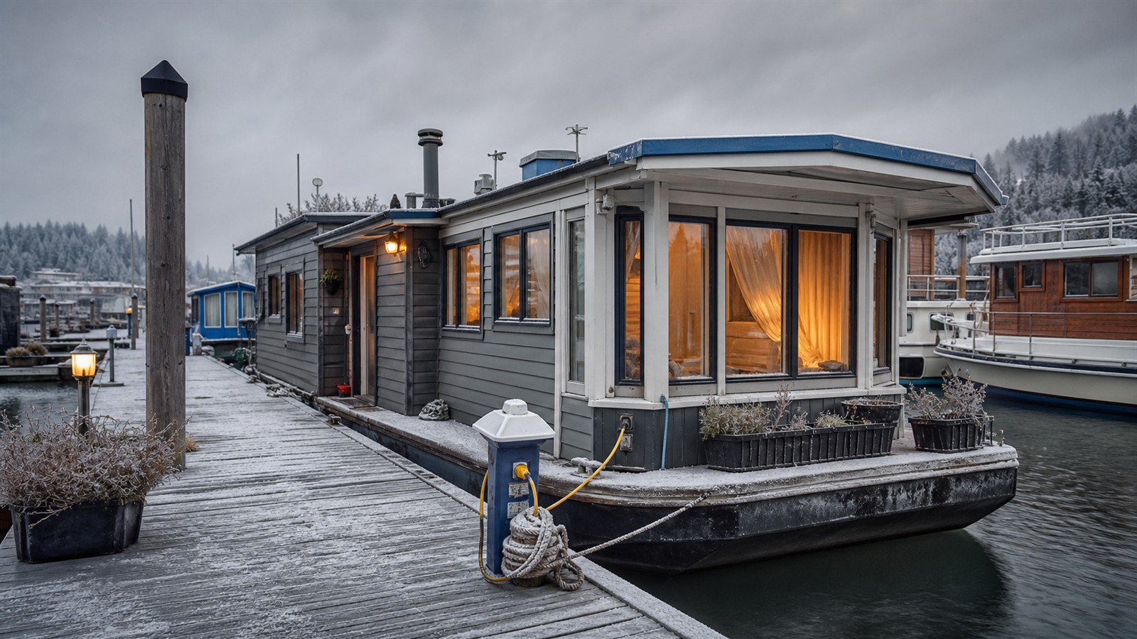 Sturdy lived-in houseboat moored at a quiet winter marina with shore power connected