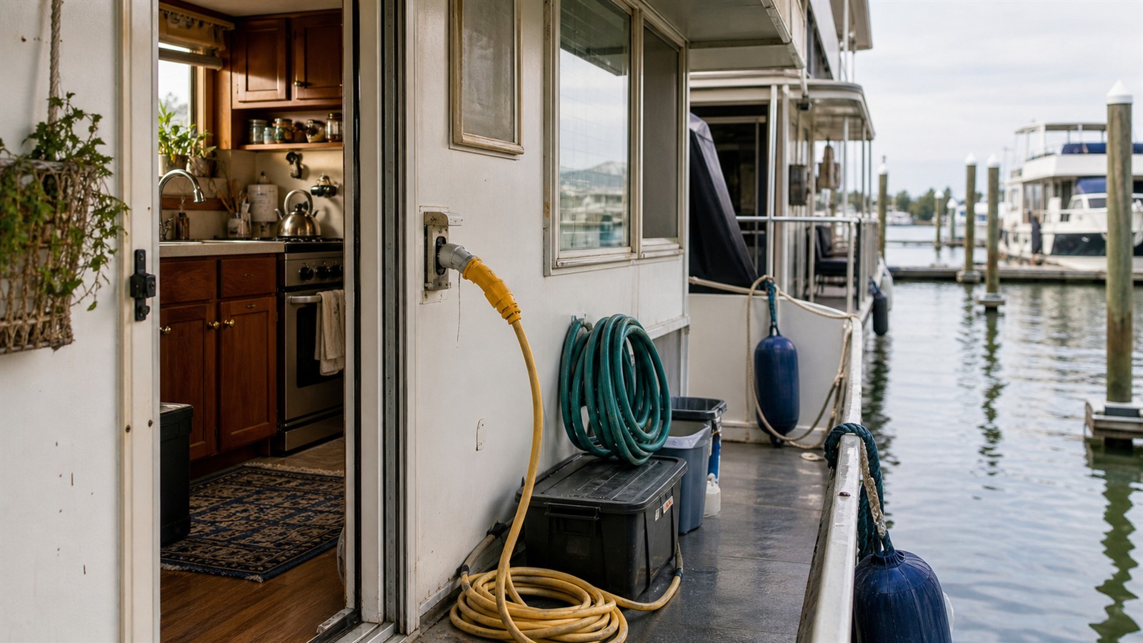Practical houseboat deck with shore power cable, water hose, compact galley, and marina slips