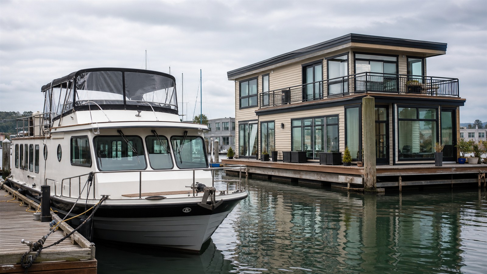 Navigable houseboat near a stationary floating home at a marina