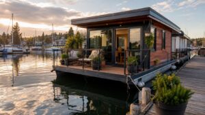 Cozy modern houseboat moored at a calm marina with a small deck and potted plants